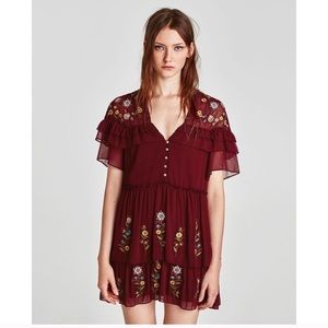 Zara Burgundy Floral Embroidered Dress